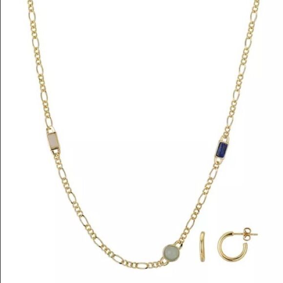 14K Gold Flash Plated Genuine Stone Figaro Chain Necklace and Hoop Earring Set - Picture 1 of 3
